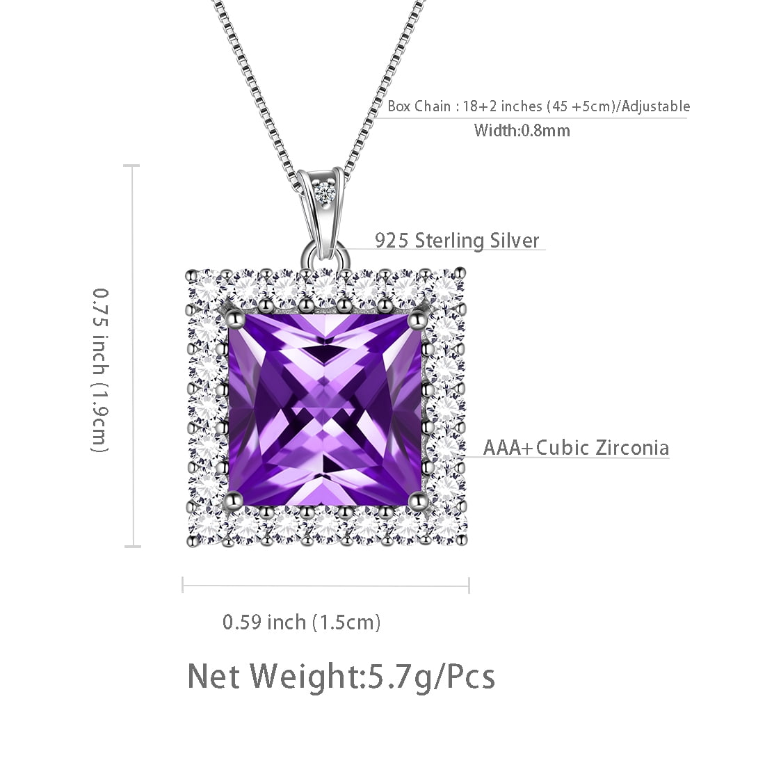 6 Carat February Birthstone Necklace Amethyst Pendant Princess Cut Purple 925 Sterling Silver Jewelry Women Mom Birthday Valentine's Day Gifts Juwaliy