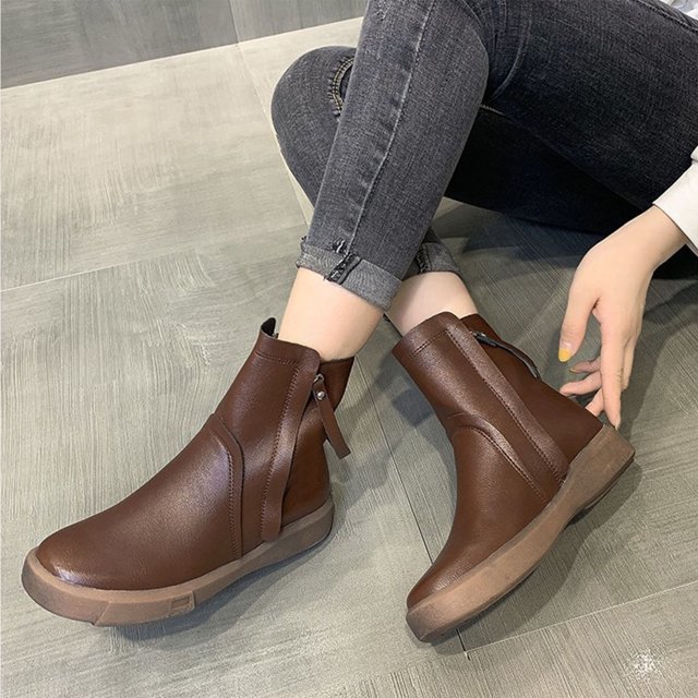 Zapatos de mujer Punta redonda Color sólido Cremallera lateral Casual Retro Tacón plano Botas Wmkox8yii nm11571