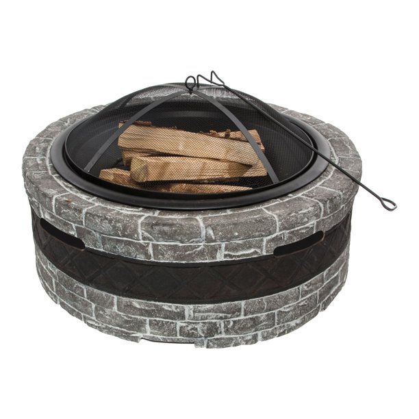 Sun Joe SJFP35CSSTN 35Inch Cast Stone Base, Wood Burning Fire Pit w/Dome Screen and Poker