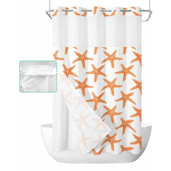No Hook Shower Curtain with Snap in Liner, Summer Orange Starfish Texture White Hotel Shower Curtains for Bathroom, Washable Shower Curtain Liner Set with Mesh Top Window, 36"x78"
