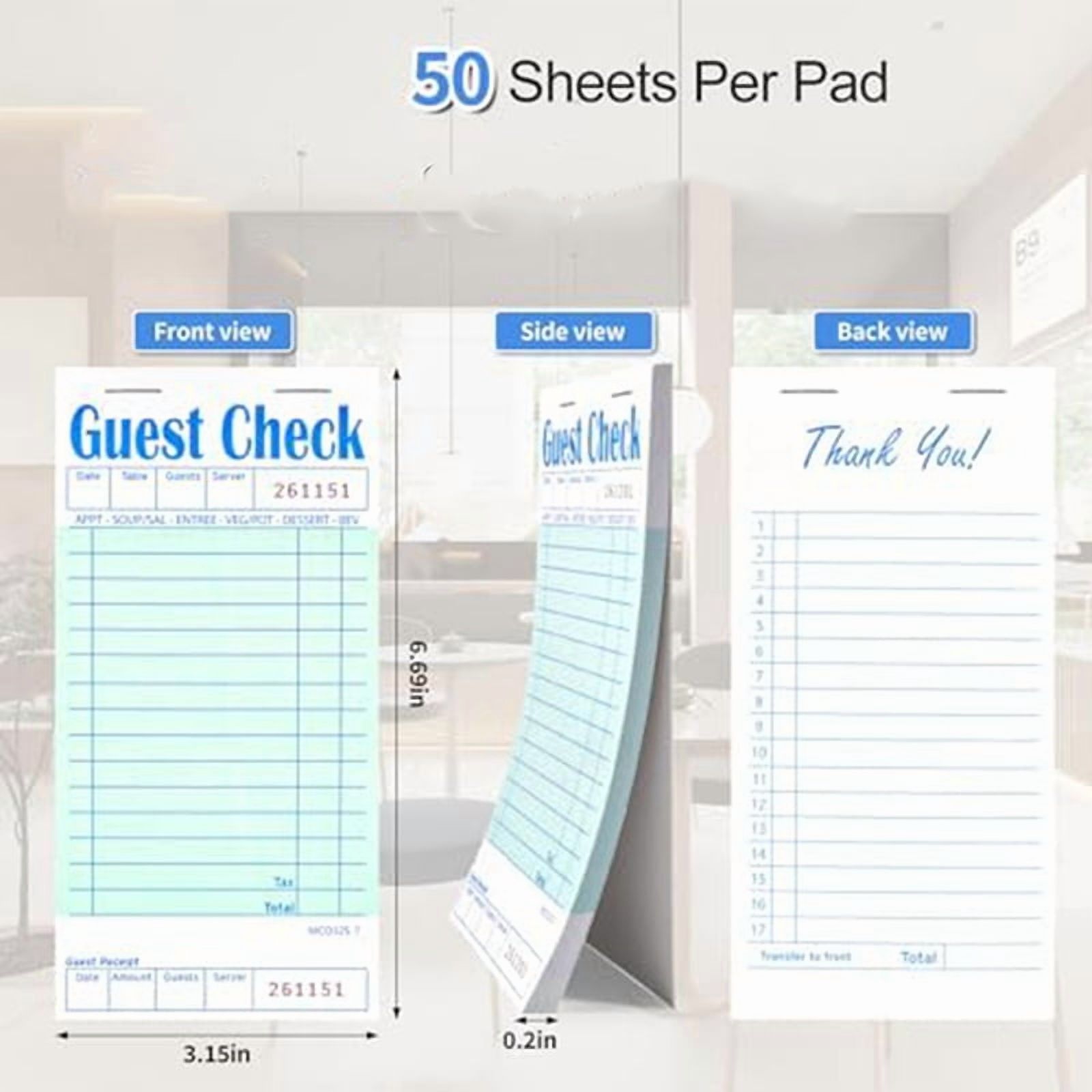 15 Pack Guest Check Books, Server Note Pads for Restaurant, Green Waiter Checkbook, Restaurant Order Pad 50 Sheets/Pack