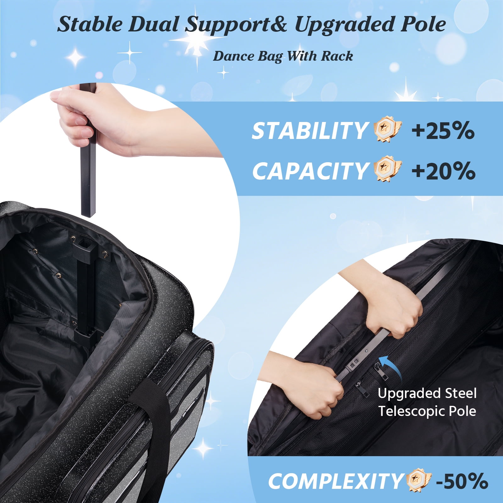 Dance Bag with Garment Rack, Glitter Black 28" Dance Competition Must Haves Competition Dance Bag with Rack, Costumes Rolling Garment Bags For Travel Collapsible Suitcase for Dancers Performers
