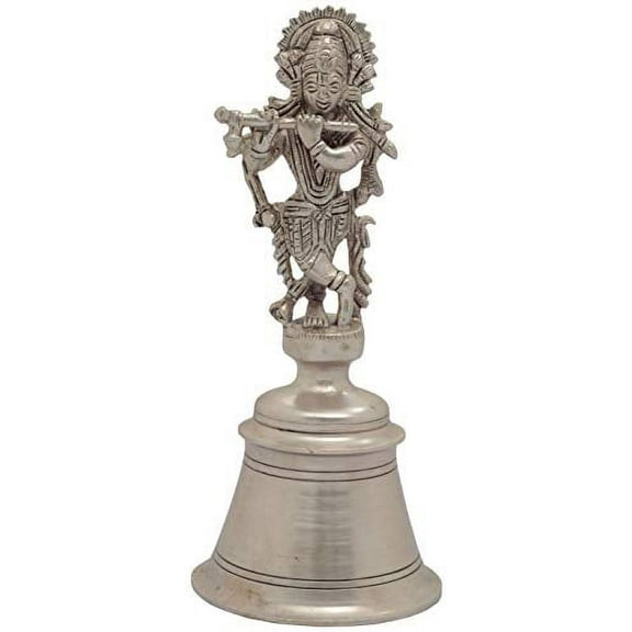Exotic India Lord Krishna Handheld Bell - Brass Statue - Color Silver Color