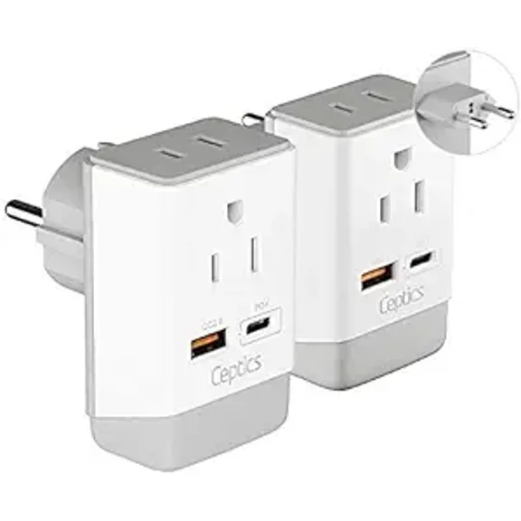 Ceptics European Travel Plug Adapter, Schuko QC 3.0 & PD Safe Dual USB & USB-C - 2 USA Socket - Compact & Powerful - Use in Greece Italy Switzerland Turkey Portugal - Type C, E/F - Fast Charging