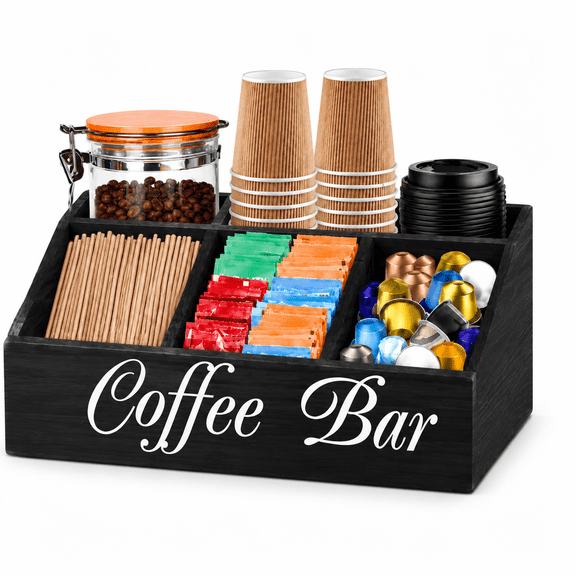 Coffee Bar Organizer, Countertop Coffee Station Organizer, Black Coffee Bar Accessories, Wooden Texture Storage Holder for K Cup Pods and Syrup Bottles