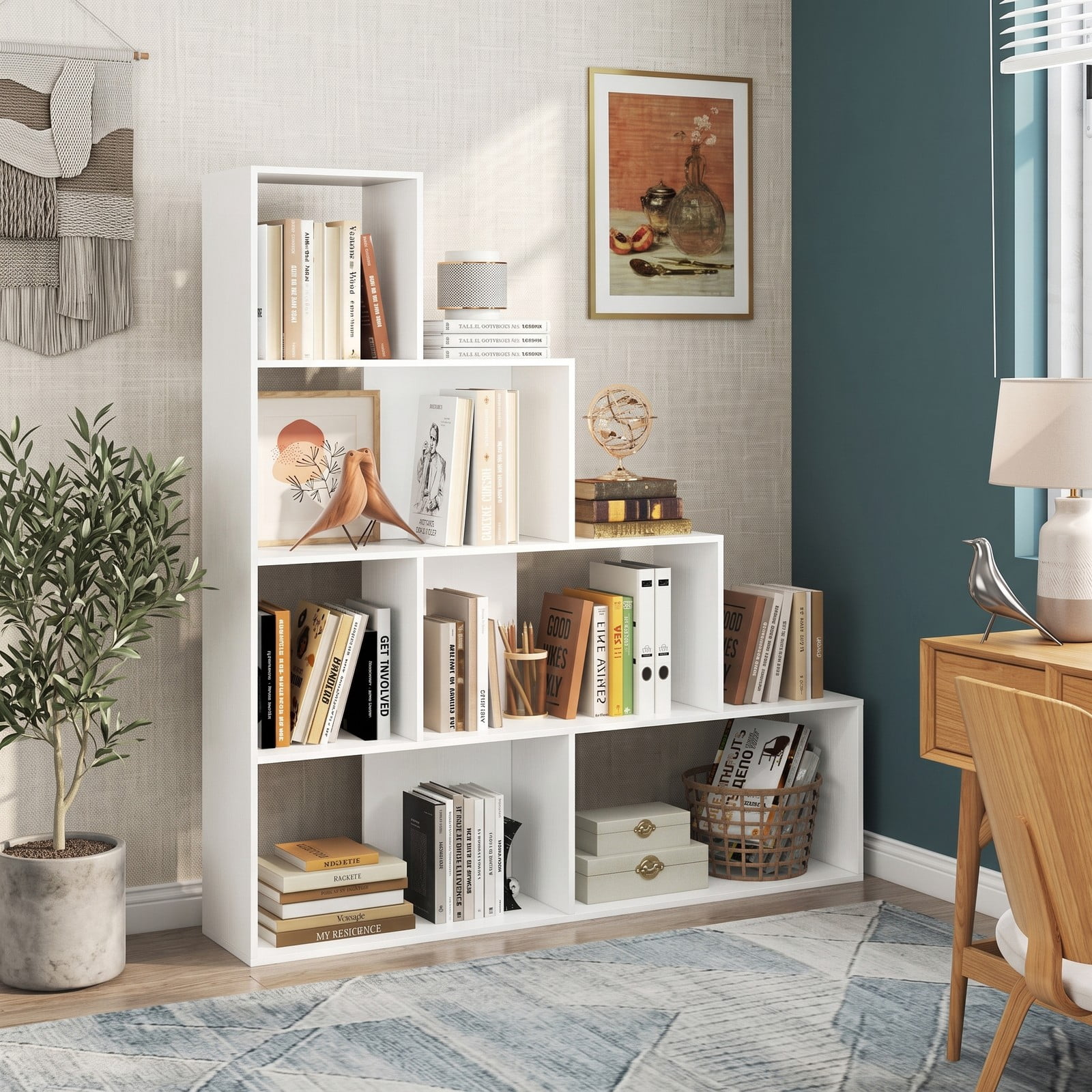 Furnibear 4-Tier Stair Bookshelf, Geometric Ladder Bookcase with 6 Open Cube Display Shelves, Freestanding Corner Storage Rack for Living Room Bedroom Home, White