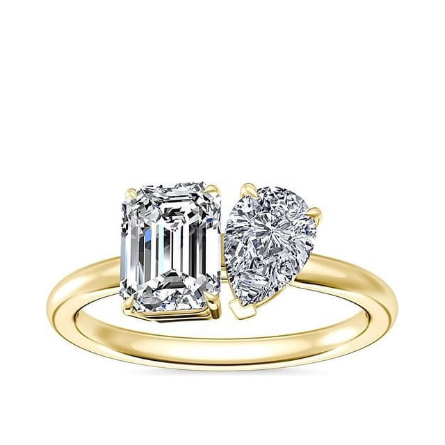1.00 Carat Excellent Emerald & Pear Cut Real Diamond New Design Two Stone Ring for Wedding Solid 18K Yellow Gold Size 11