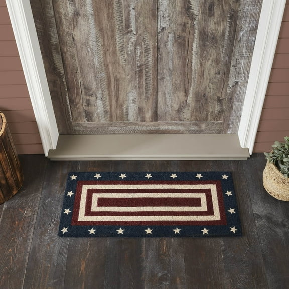VHC Brands Coir Welcome Door Mat, Entry Rug, with PVC Backing, for Indoor Outdoor Use, My Country Collection, Rectangle 17x36 Doormat, Patriotic Stars and Stripes, Merlot