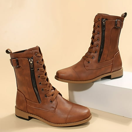 

Side Zipper Lace-up Boots Round Toe Buckle Decor Combat Boots Fall & Winter Fashion Boots