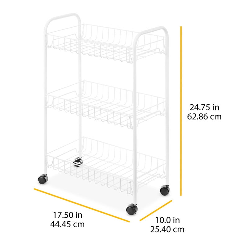 Whitmor 3-Tier Rolling Metal Wire Utility Cart - Multi-Purpose Household Organizer, White