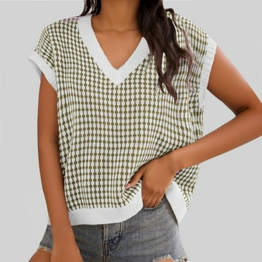 Goodtrade8 Sweaters for Women Cropped Plus Size Sweater Vests Striped Casual V-Neck Sleeveless Sweater Tops for Women Knitted