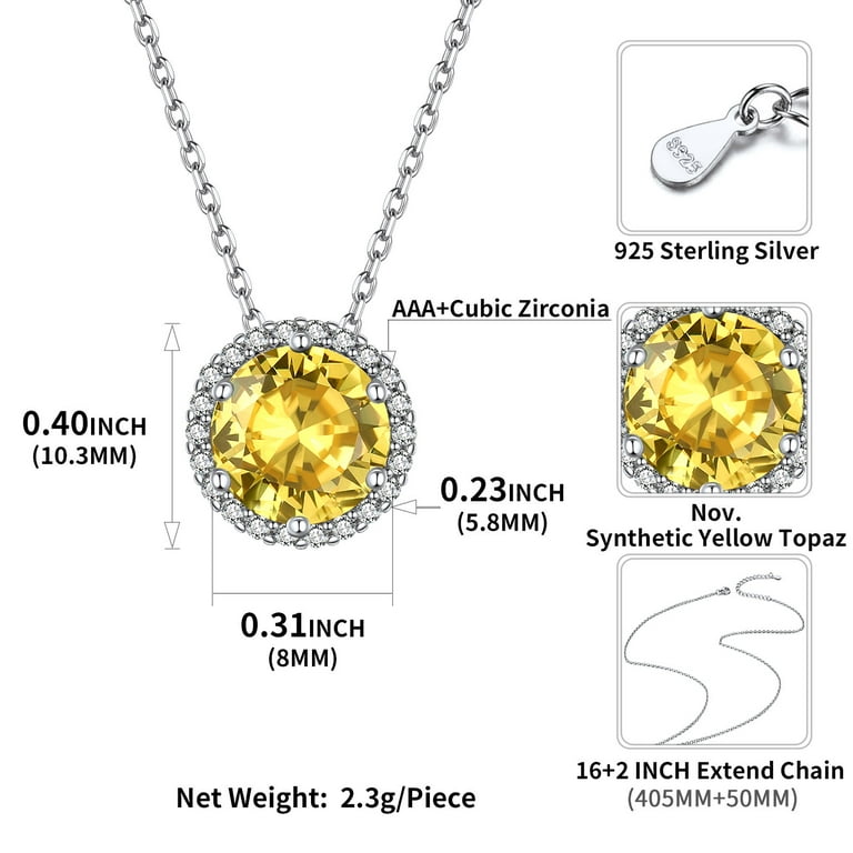 ChicSilver Women Necklace 925 Sterling Silver Necklace with November Yellow  Topaz Birthstone Pendant Halo Necklace Gift for Mom