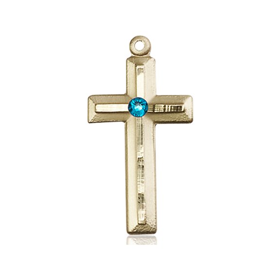 14kt Yellow Gold Cross Medal with 3mm December Blue Swarovski Crystal 1 1/8 x 1/2 inches