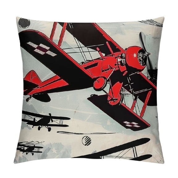 JRXY Vintage Airplane Throw Pillow Cushion Cover, Various Biplanes Nostalgic Antique Silhouettes Print, Decorative Square Accent Pillow Case, Red Black 12x12in