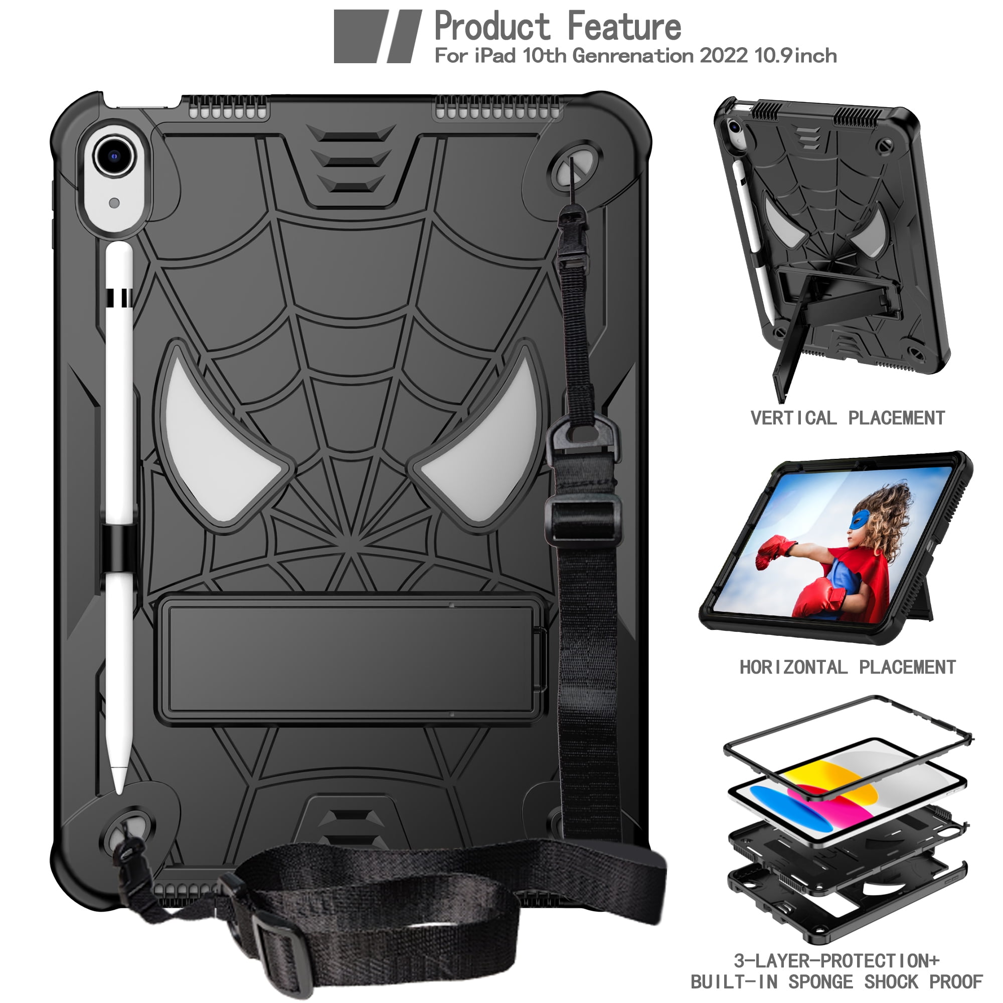Rugged Shockproof Protective Case for Apple iPad A16 11th Gen 11" 2025 & iPad 10th Gen 10.9" - Heavy Duty 3-Layer Armor, Built-in Kickstand, Shoulder Strap, Pencil Holder, Shock Absorption,Black