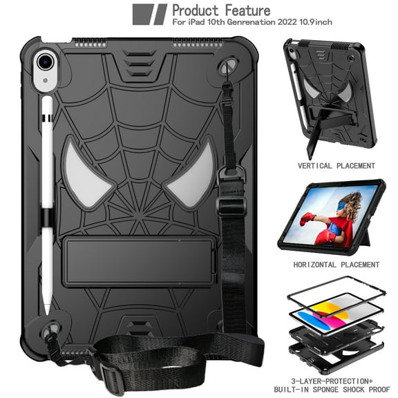 Allytech Case for iPad 10th Gen 10.9" (2022), Rugged Case with Hidden Kickstand & Adjustable Shoulder Strap, Thickned Silicon Edges Shockproof Case - Black
