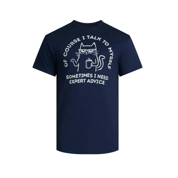 Men's Cat Of Course I Talk to Myself Navy Graphic T-Shirt - Small