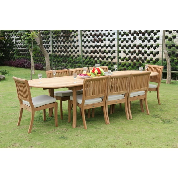 Teak Dining Set: 8 Seater 9 Pc: 117" Double Extensions Oval Dining Table & 8 Arbor Stacking Armless Chairs Outdoor Patio Grade-A Teak Wood WholesaleTeak #WMDSAB26