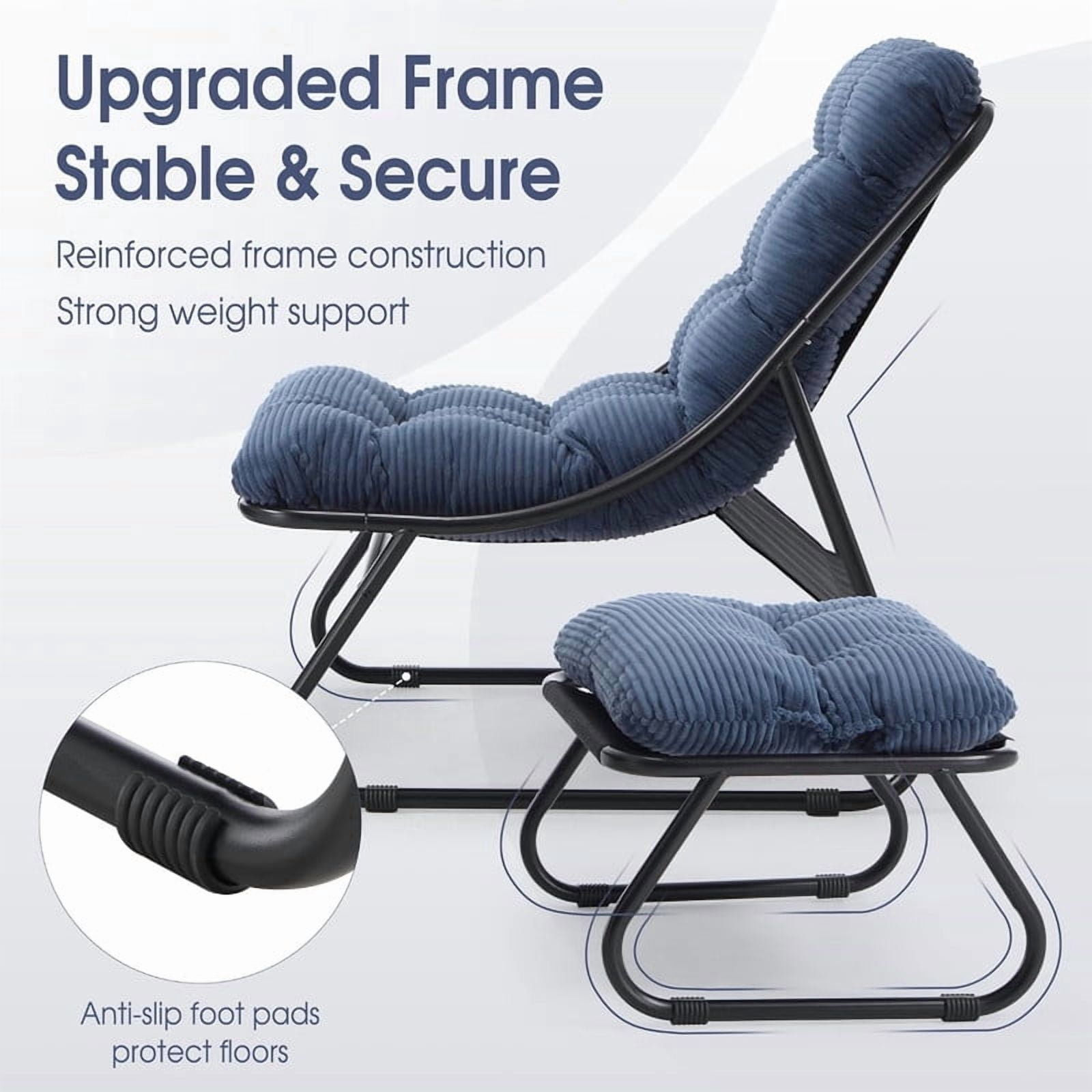 Modern Patio Lounge Chair with Ottoman, Comfy Sling Recliner Chair with Puffy Cushion and Foot Stool for Indoor Outdoor Living Room