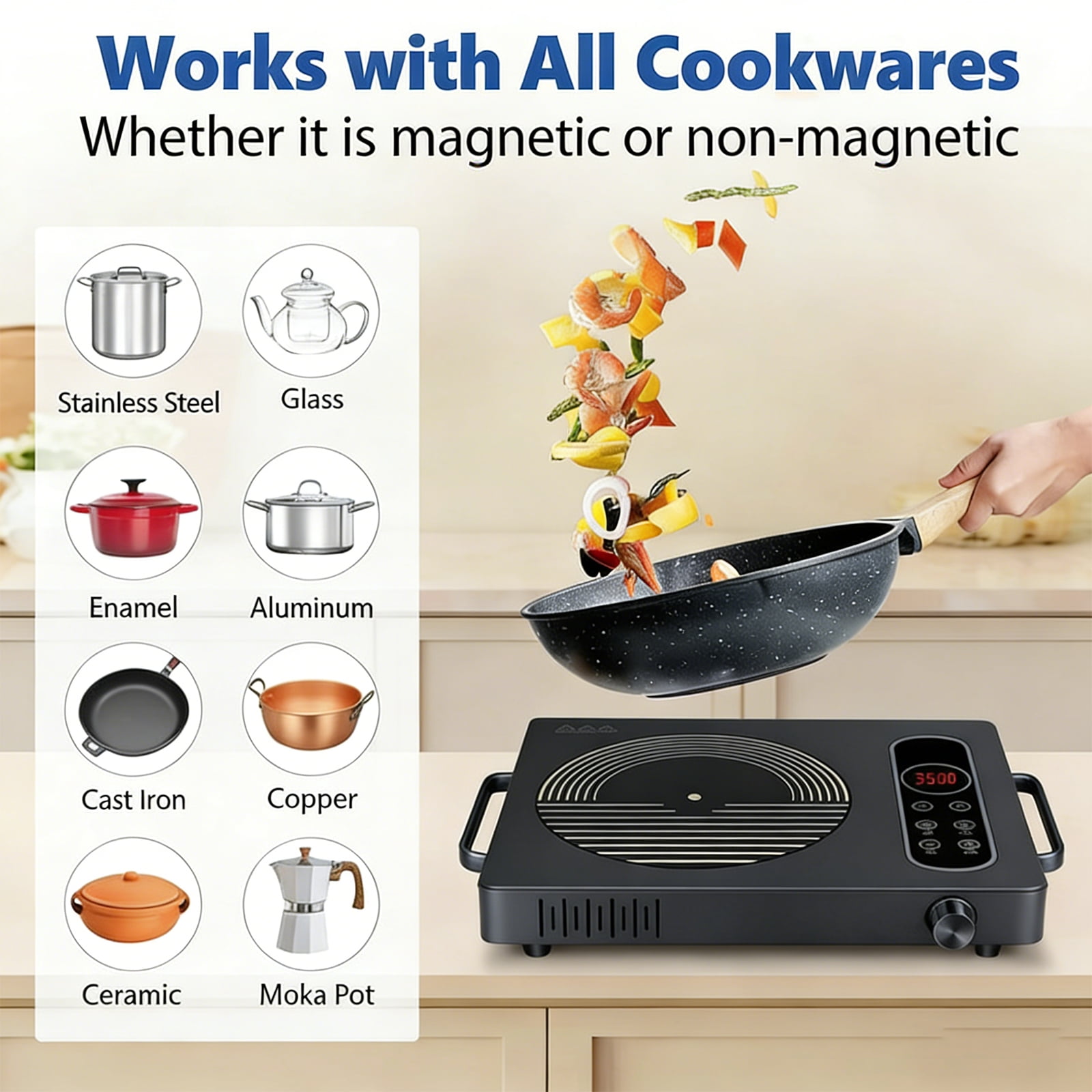 Petyoung 3500W Portable Electric Ceramic Stove, Infrared Burner with Timer, LED Screen, Touch Panel, Easy to Clean, for Cooking
