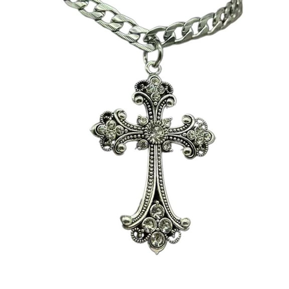 Necvior Large Detailed Cross Drill Pendant Necklace Silver Color Tone Gothic Punk