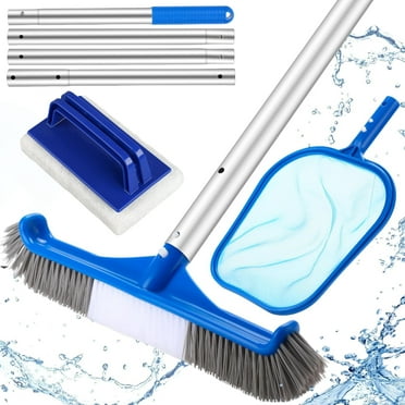 Katinyos 4 Pcs Swimming Pool Cleaning Kit, Pool Maintenance Kit with Pool Cleaning Brush Scrubbing Scouring Sponge Pad Skimmer Leaf Net and Aluminum Pole, for Above Ground Pools, Ponds, Hot Tubs