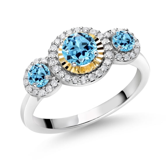 Gem Stone King 0.87 Ct Round Swiss Blue Topaz 925 Silver and 10K Yellow Gold 3 Stone Women's Lab Grown Diamond Ring (Size 5)