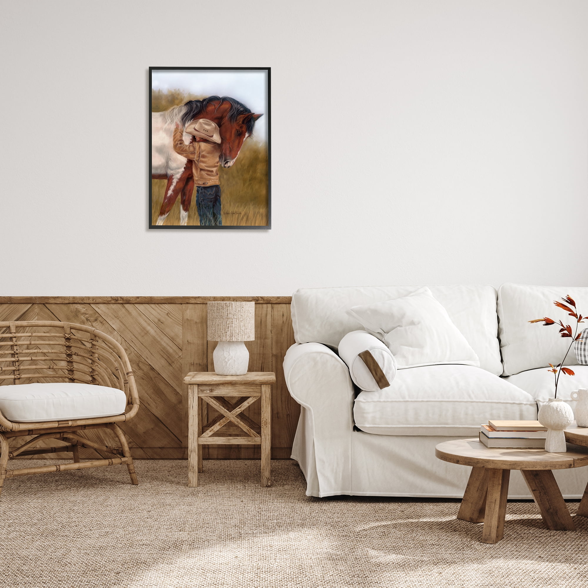 Stupell Industries Boy Hugging Horse Painting Animals & Insects Painting Black Framed Art Print Wall Art, 24 x 30