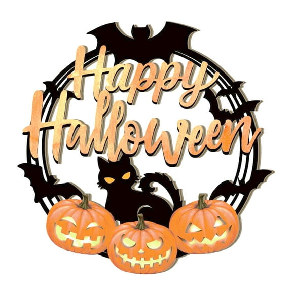 XINGXIANG Halloween Wooden Hanging Sign - 3 Style Pumpkin Bat Black Cat Door Decor 11.42x11.42 Inch Rustic Wall Plaque for Indoor Outdoor,Halloween Hanging Door Wooden Wall Decor Sign