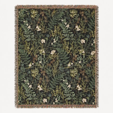 Dark Green Woodland Botanical Woven Blanket 100% Cotton Vintage Nature Decor for Sofa or Bed