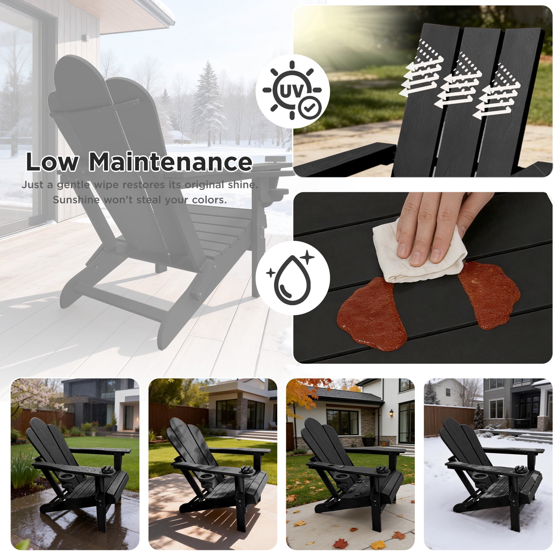 Tappio Folding Adirondack Chair Set of 2, All Weather HDPE Outdoor Patio Chairs with 3- Position Adjustable Backrest, Detachable Multifunctional Holders and Cup Holders, Fire Pit Chairs, Black