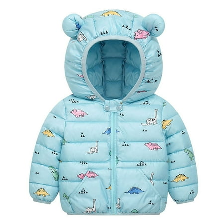 

nsendm Toddler Kids Baby Boys Girls Winter Warm Jacket Dinosaur Cartoon Coats Bear Ears Hooded Boys Jacket Size 6 Outerwear Light Blue 2-3 Years
