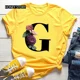 thumbnail image 3 of Venta caliente de flores de gran tamaño 26 letras en inglés negro moda tendencia estampado hombres y mujeres Casual camiseta amarilla de manga corta, 3 of 5