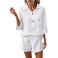 thumbnail image 3 of Women's 2 Piece Linen Short Set V Neck 3/4 Sleeve Oversized Beach Vacation, 3 of 8