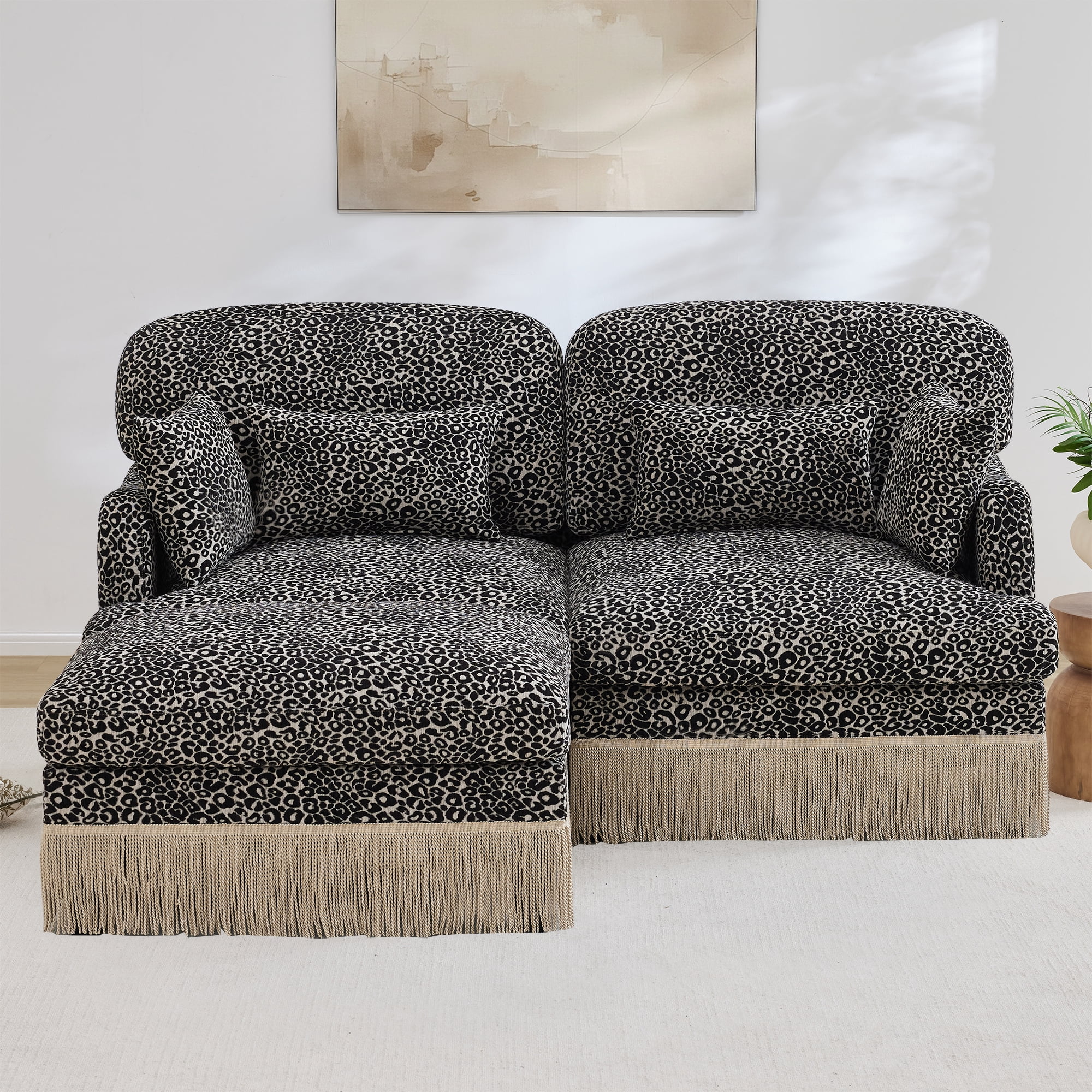 69" Chenille Leopard Tassel Deep Seat Loveseat Sofa Couch with Ottoman and 4 Throw Pillows
