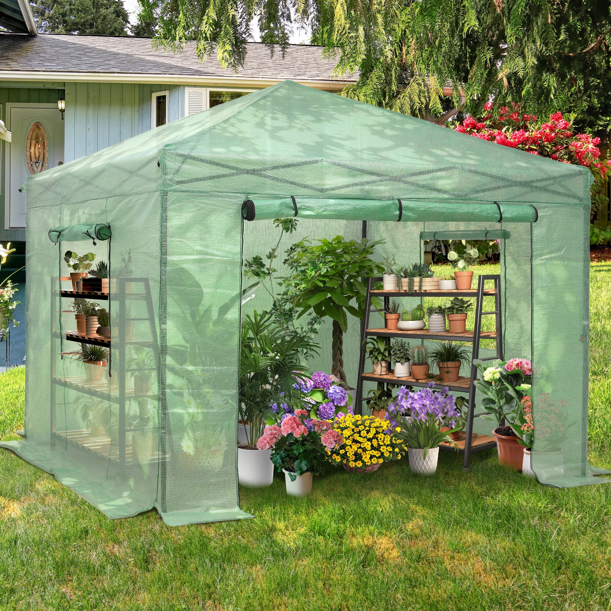 Ainfox 8x8 Ft Walk-in Greenhouse, Instant Pop Up Green House for Outdoors with Zippered Door and Roll-up Windows, PE Cover, Portable and Easy Assemble