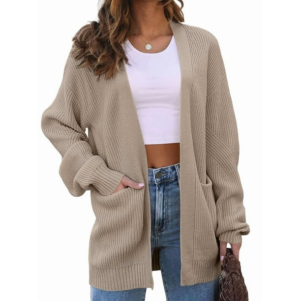 Cárdigan Extragrande de Punto Suave para Mujer con Bolsillos Caqui L