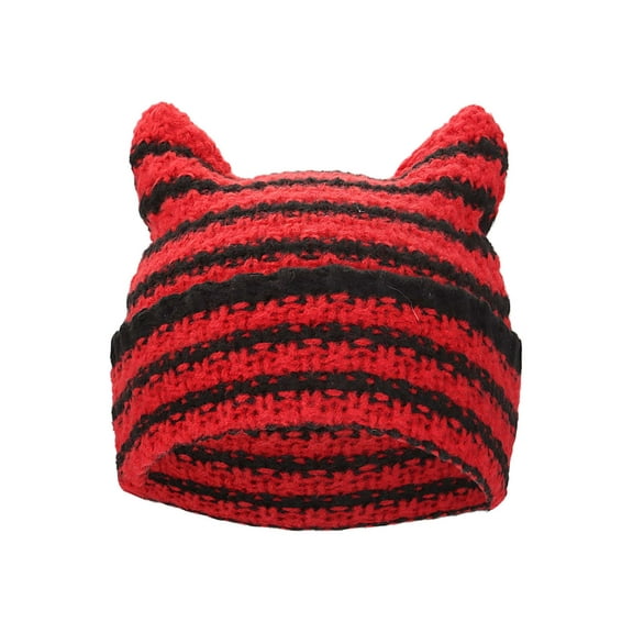 Lava Knit Cat Ear Beanie for Women, Soft Warm Striped Winter Hat, 19"-23" Universal Fit