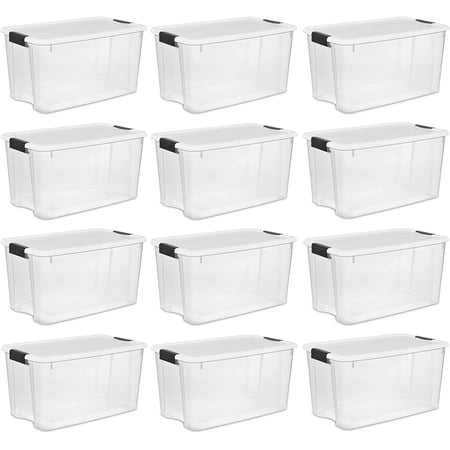 70 Qt Ultra Latch Box, Stackable Storage Bin with Lid, Plastic Container with Heavy Duty Latches To Organize, Clear and White Lid, 4-Pack