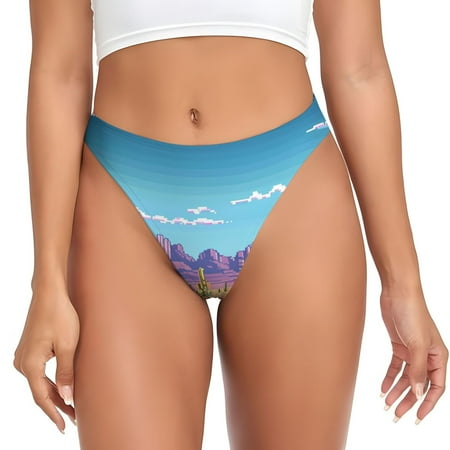 Qokaie Pixel Desert Landscape Printed Women s Cotton Thong Underwear  Sexy Breathable Panties G-string-Medium