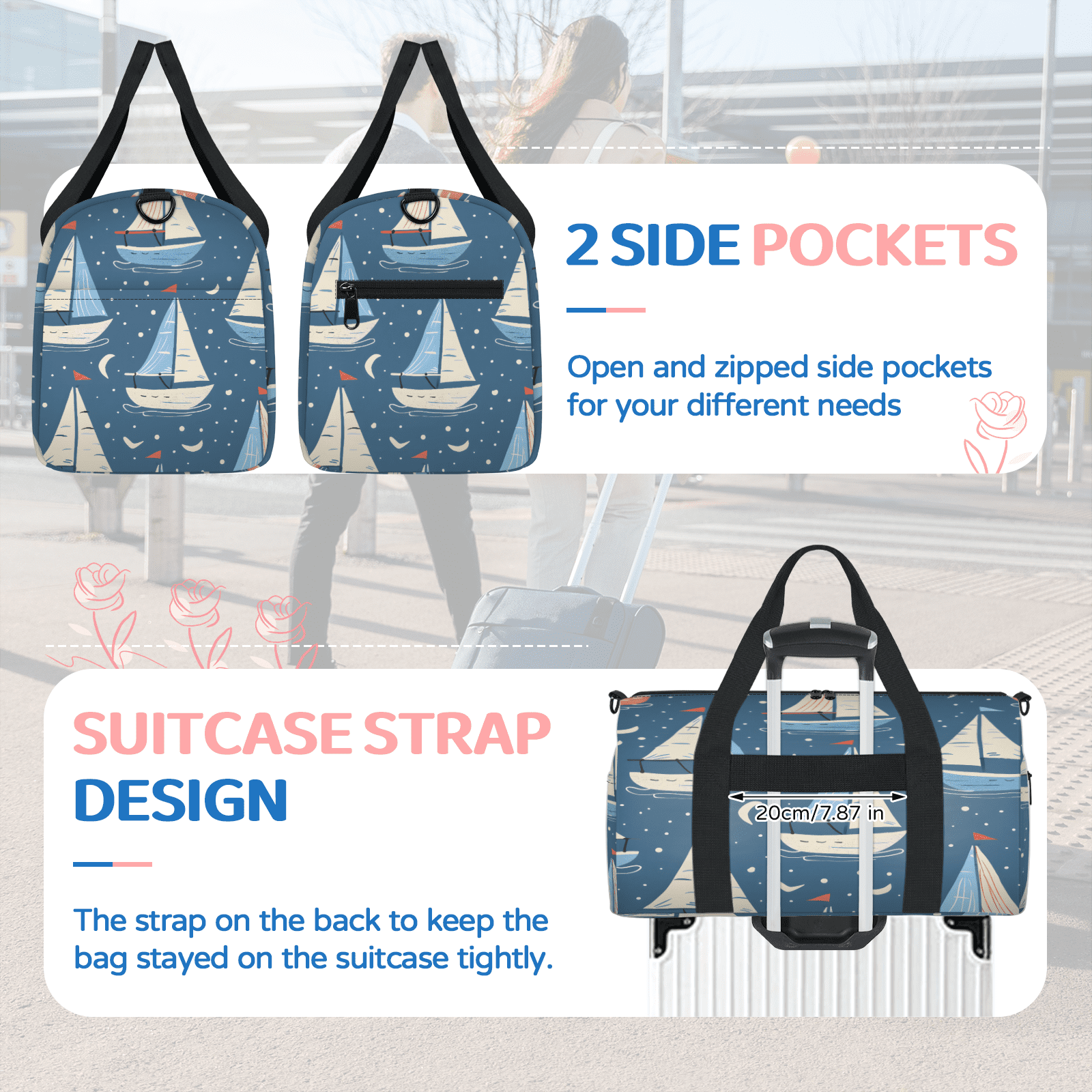 Herdesigns Coastal Sailboat Gym Bag for Women, Duffle Bag for Travel Sport, Seaside Nautical Lightweight Waterproof Carry on Weekender Dance Yoga Workout Bags