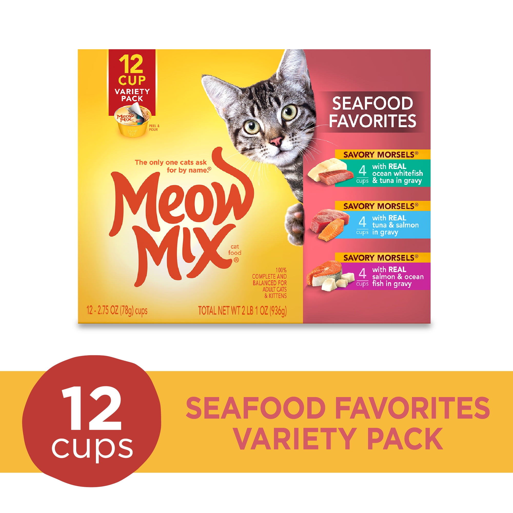 Meow Mix Savory Morsels Seafood Favorites Variety Pack, 2.75Ounce Cans, Pack of 12 Walmart
