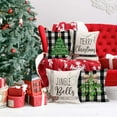 thumbnail image 4 of Set of 4 Black White Buffalo Check Plaids Pillow Covers Merry Christmas Green Trees Jingle Bells Holly Mistletoe Rustic Farmhouse Decorative Throw Pillow Cases Cotton Linen 18x18 Inch, 4 of 6
