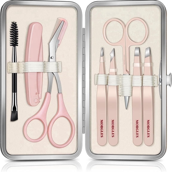 MORGLES Eyebrow Tweezers Kit, 8 Pcs Stainless Steel Precision Brow Shaping Set with Scissors, Razor, Brush & Travel Case, Pink