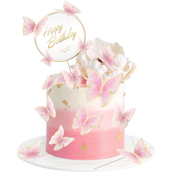 Butterfly Cake Toppers With Happy Birthday Cake Toppers 3D Pink Gold Butterfly Cake Decorations for Girls Women's Birthday Party Wedding Cake Decor Baby Shower (Pink-2)