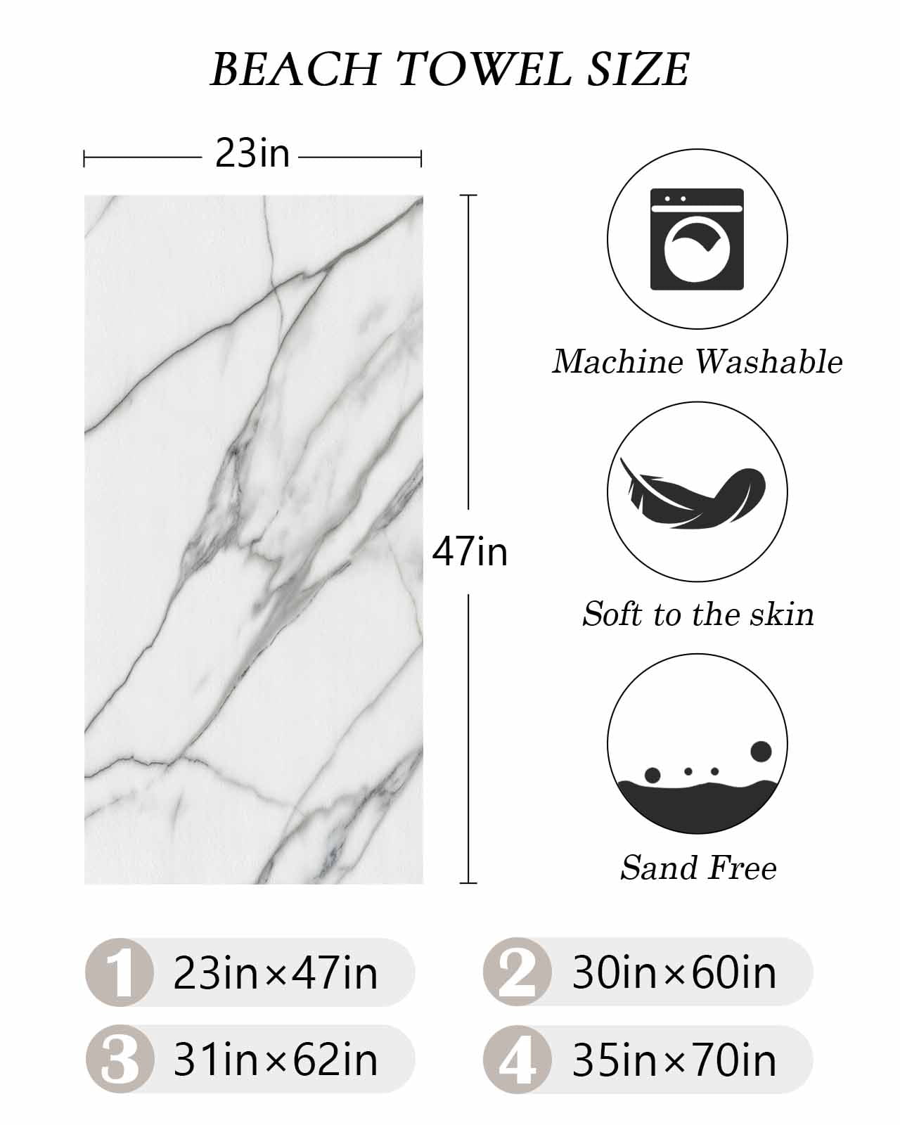 Marble White Beach Towels Oversized Super Absorbent, Ombre Grey Modern Minimalist Lightweight Bath Towel Quick Dry Sets For Bathroom/Pool/Rv Camping/Beach Play/Gym Room/Picnic 23"x47"