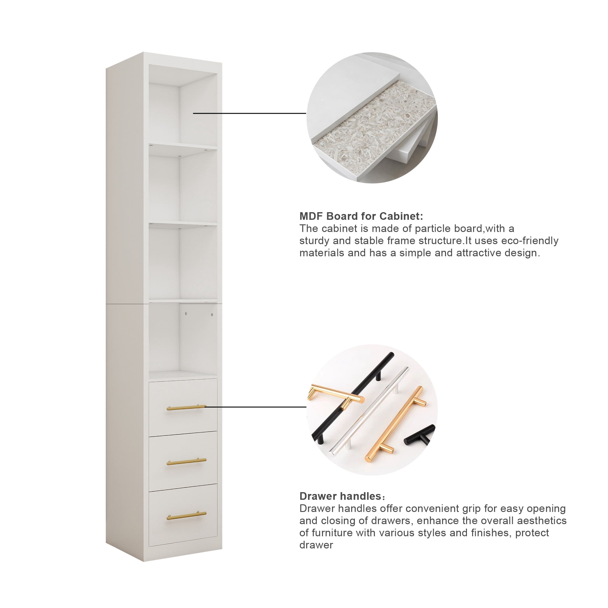 Side Storage Cabinet With Three Drawers for Bedroom, Living Room, Bathroom, 15.75x85.04inch