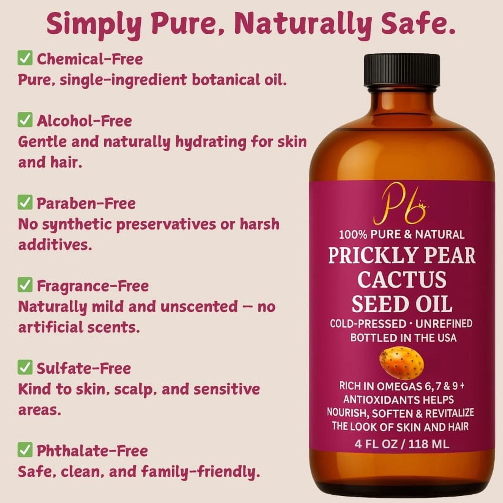 Pomberries Prickly Pear Seed Oil 4 fl oz | 100% Pure Cold-Pressed & Unrefined Prickly Pear Oil for Face, Skin & Hair – Lightweight, Radiance-Enhancing Oil in Glass Bottle