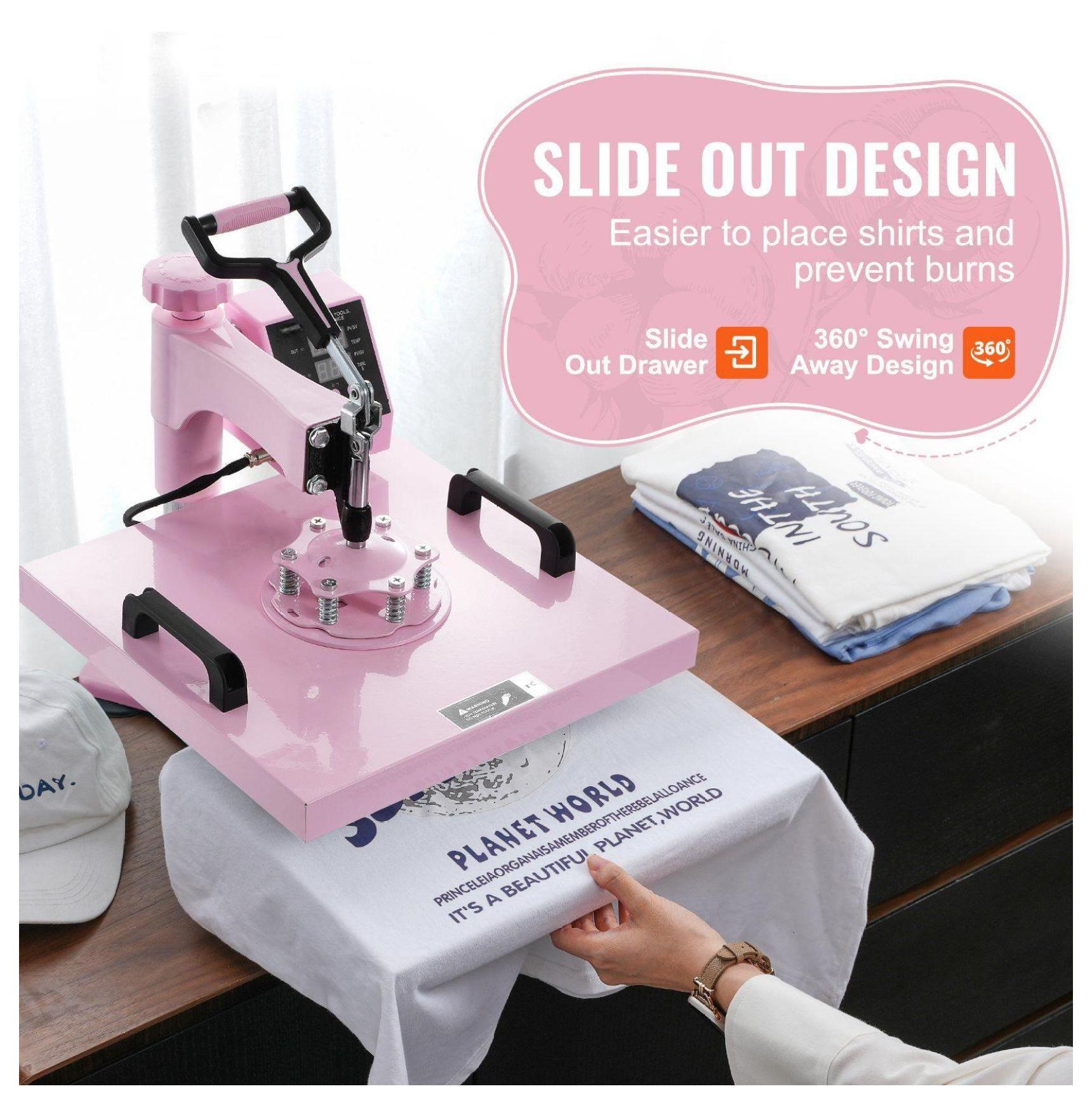 Heat Press Machine 15x15", 5 in 1, 30oz Tumbler Press, for T-Shirts, Hats, Mugs, Pink