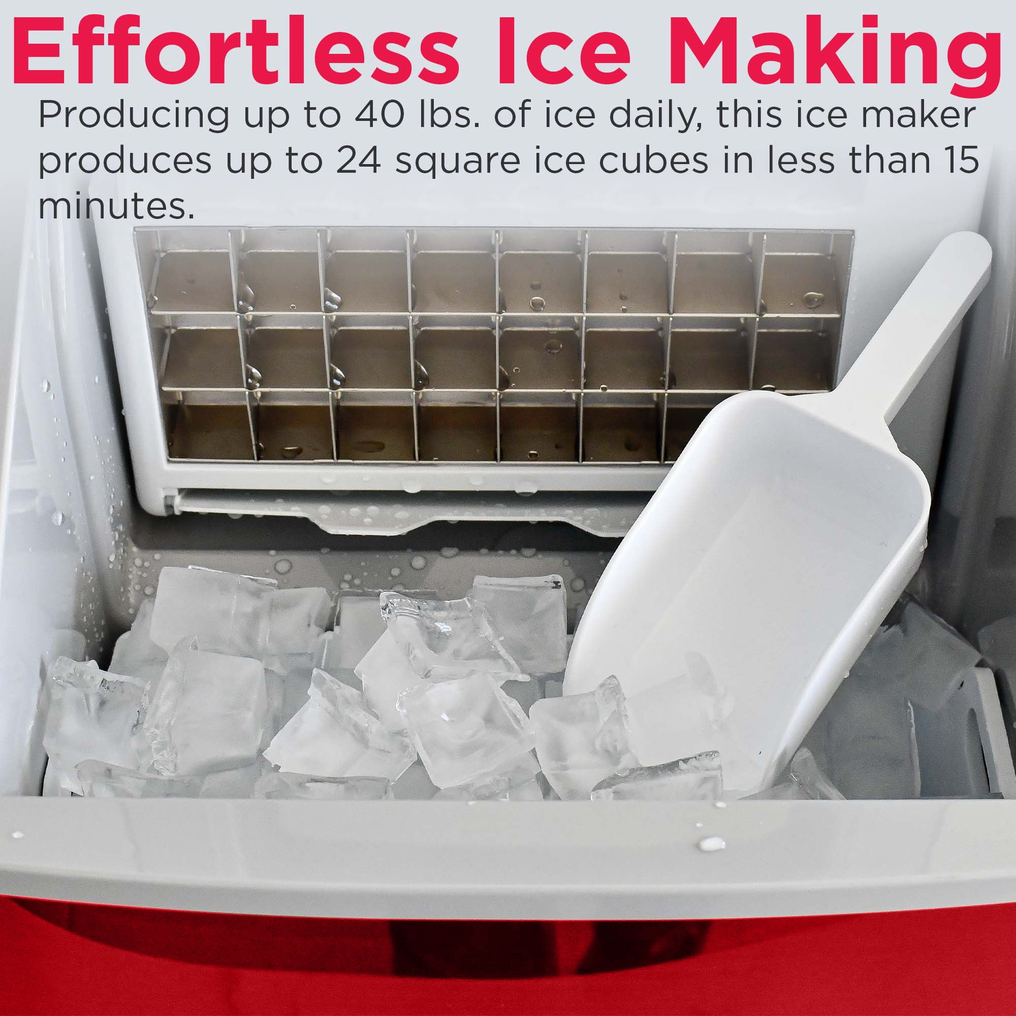 Frigidaire Clear Ice Maker 40 Lbs, Red Stainless Steel Countertop Ice Machine with Square Ice for Home, Kitchen, Office, Bar